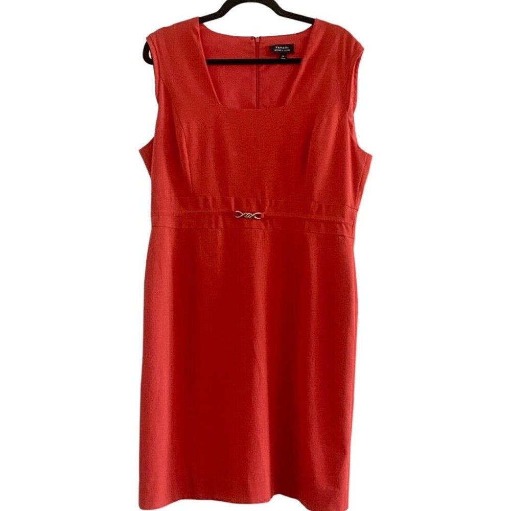 Tahari Sleeveless Square Neck Buckle Waist Ferrari Red Woven Dress Size 14 - Picture 5 of 7